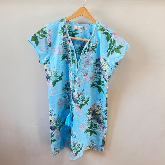 Bella Tu‎ Embroidered Light Blue Floral Tunic Dress W/ Tassels & Bead Trim - Sz. - Picture 1 of 8